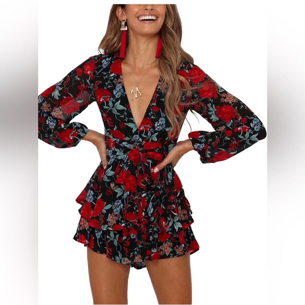 Floral V-Neck Long Sleeve Romper